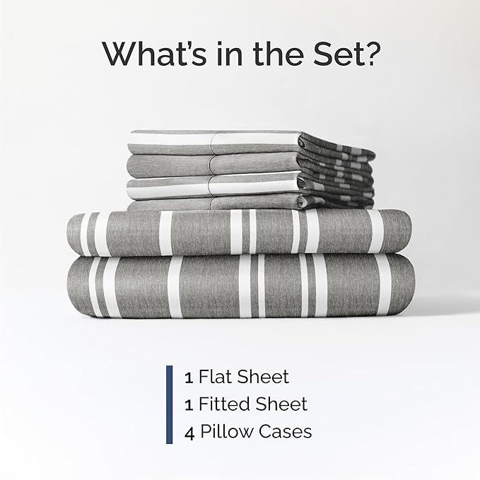 Cal King 6 Piece Sheet Set - Cooling & Breathable - Hotel Luxury Bedding, Includes Fitted Sheet for Women, Men, Kids & Teens - 1 Flat, 1 Fitted Sheet, 4 Pillowcases with Deep Pockets - Grey Stripes