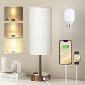 Brown Bedside Table Lamp for Bedroom - 3 Way Dimmable Touch Lamp USB C Charging Ports and AC Outlet, Small Lamp Round Flaxen Cream Fabric Shade for Living Room, Desk, LED Bulb Included