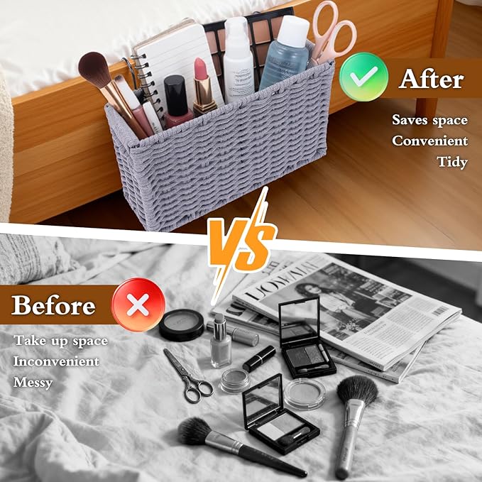 Cotton Rope Woven Bedside Caddy for Dorm Bed, Foldable Bedside Shelf Bunk Bed Accessories, College Dorm Room Essentials Hanging Organizers Storage Basket, Room Decor Magazine File Holder (White)