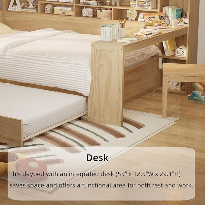 Merax Full Size Corner Bed Frames with Desk and Trundle & Storage Shelves Headboard, Pinewood U-Shaped Captain Daybed for Small Room, Bedroom, Guest Room, Kids' Room, Natural