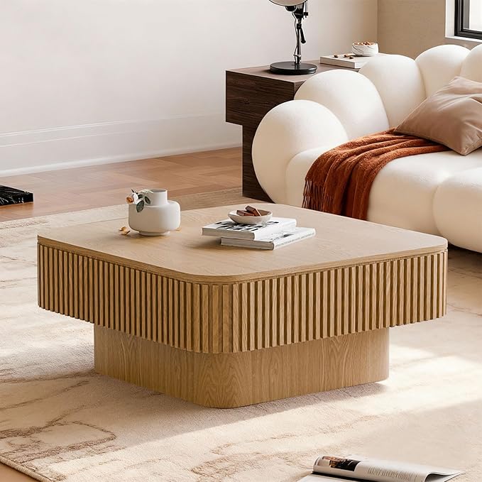 LKTART Coffee Table for Living Room, Accent Fluted Square Coffee Table with Hidden Storage, Modern Solid Wood Veneered Circle Center Tea Table for Small Space Apartment (31.5''D×14''H-Natural)