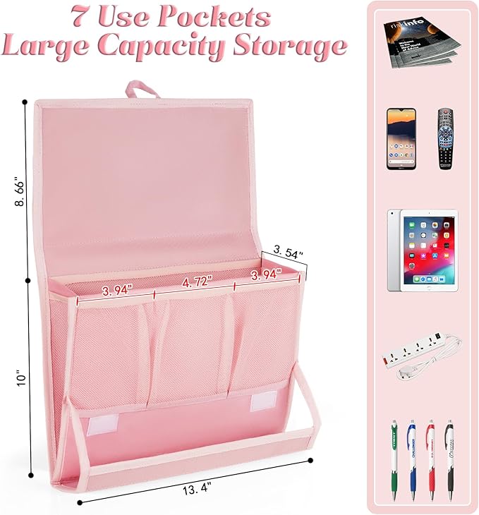 Bedside Caddy Bedside Storage Organizer Bedside Organizer with Power Strip Holder and 2 Adjustable Straps for Home Bunk Bed College Dorm Sofa (2 Pack Pink)