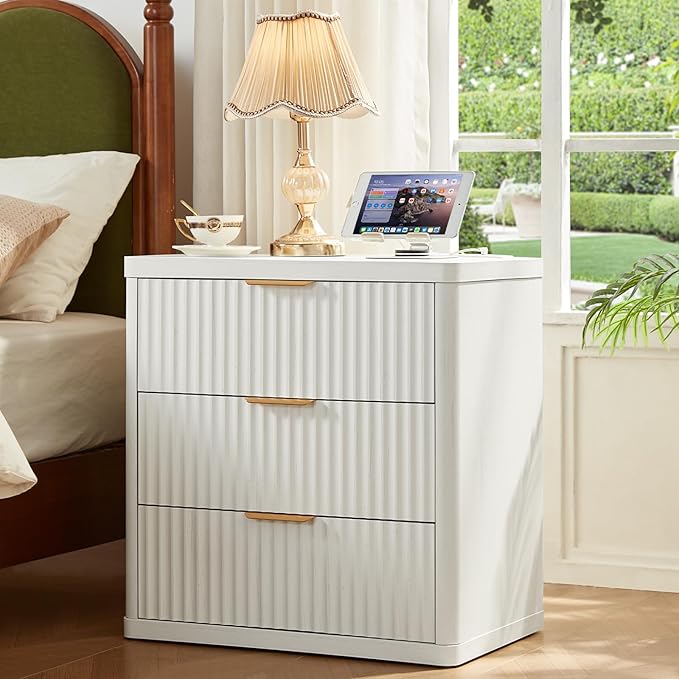 LEYAOYAO Fluted Dressers & Nightstand Set of 4, Wood 48" Wide Dresser & 42" Tall Chest of Drawers,Modern Bedroom Furniture Sets,White Wooden Nightstand Set of 2 with 3 Drawers & Charging Station
