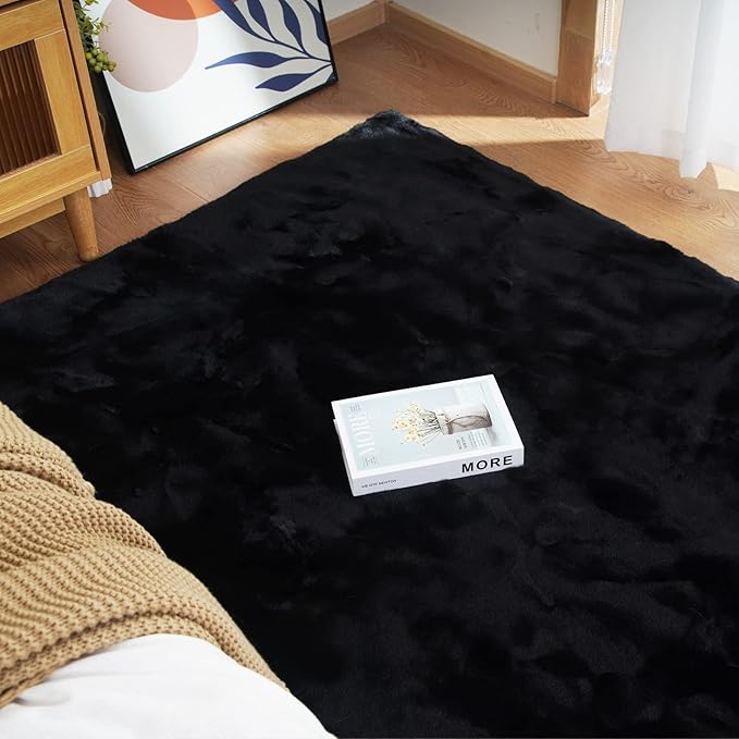 Latepis Black 4x6 Area Rugs Fuzzy Faux Fur Rug Washable Fluffy Shag Rabbit Fur Rugs for Living Room Soft Plush Shaggy Rug for Bedroom Nursery Home Decor
