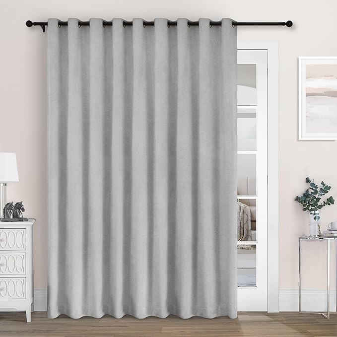 Macochico Extra Wide 100% Blackout Chenille Curtains 100" Wx96 L Thermal Drapes for Sliding Door Living Room Bedroom Auditorium Hotel Apricot Grey Curtains Grommet Top with Tieback Classic 1 Panel