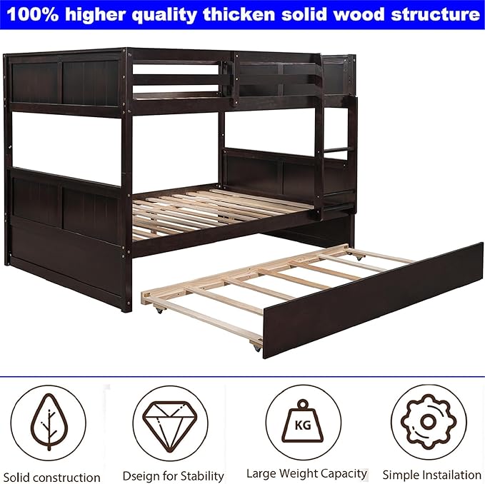 Upgraded Version Best Full Over Full Bunk Bed with Trundle, Thicken Solid Wood Full Size Bunk Bed, Bunkbed Frame Full Over Full, Convertible to 2 Beds, Easy Assembly for Adults (Espresso)
