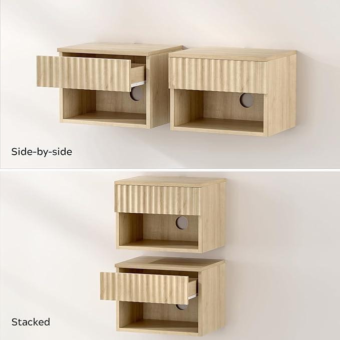 Small Floating Nightstand with Drawer, Modern Night Stand with Fluted Door and Open Storage Shelf Wall Mounted Bedside Table for Bedroom, Entryway Light Oak