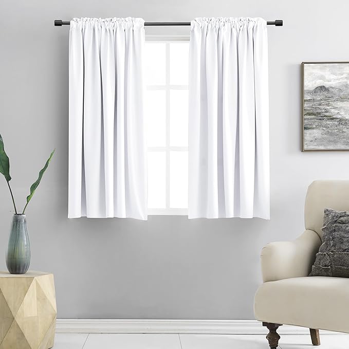 DONREN Pure White Kitchen Short Curtain Panels 45 inch Length, 50% Light Blocking Thermal Insulated Curtains for Dining Room Short Window (Set of 2, W 42 inches x L 45 inches)