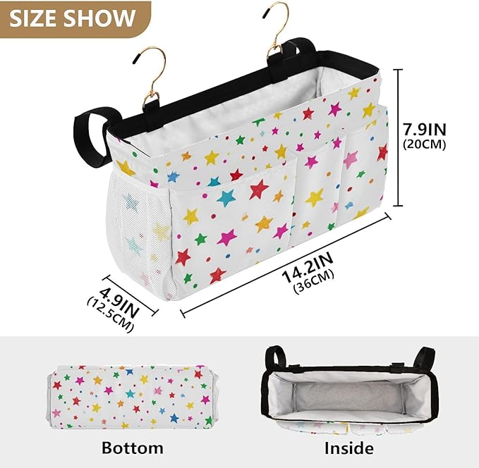 Bedside Caddy Hanging Bunk Bed Caddy Bed Organizer Hanging Pocket with 2 Hooks Bedside Storage Organizer Pocket Bag Holder Small Colorful Stars and Dots