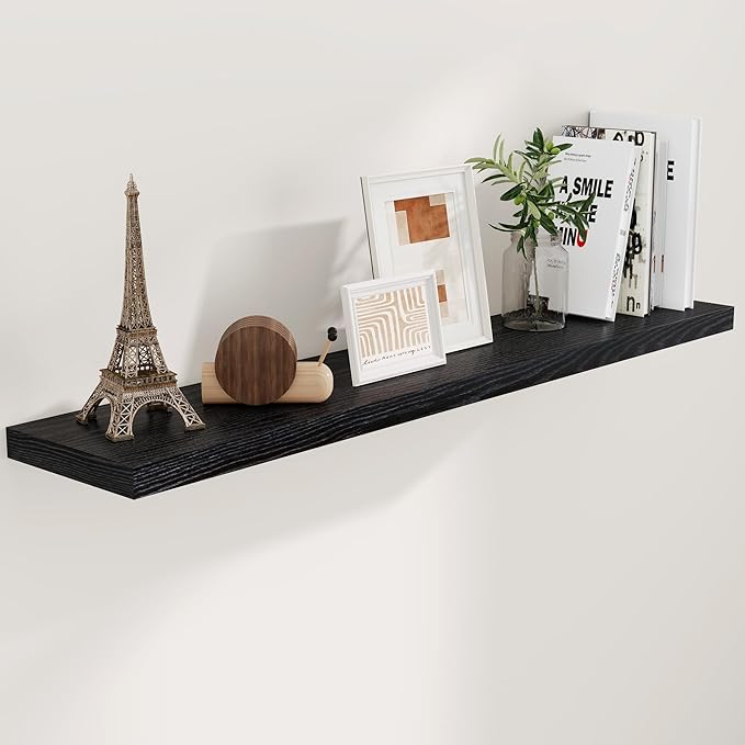 Fun Memories 55 Inch Floating Shelves for Wall, 55x9.3 Large Floating Shelf for Bedroom, Kitchen, Bathroom, Wall Mounted Rustic Wood Shelves with Invisible Bracket for Books, Decor, Black