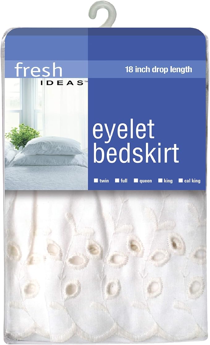 Fresh Ideas Eyelet Bed Skirt, Ruffled Design, 18 Inch Drop, Embroidered Scalloped Edge, Queen, White
