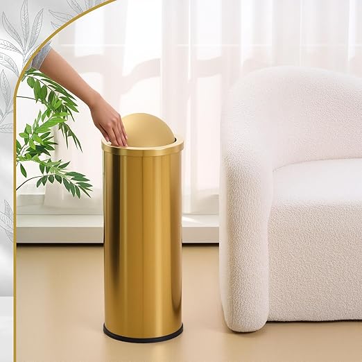 Maxdot 2 Pcs 8 Gallon/30 L Gold Lidded Trash Can and Toilet Brush Set, Garbage Bin with Flip Lid Commercial Compact Waste Basket for Bathroom Bedroom Office Shopping Centers, Elevator Doors, Hotels