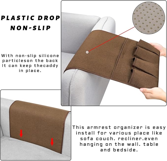 NB Sofa Armrest Organize remote holder bedside caddy organizer with 5 pockets，non-slip couch remote control holder couch armchair caddy accessories (Flaxen, 35''x18'')