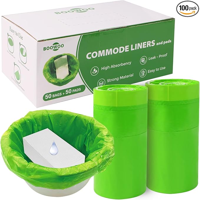 BOOWOO Bedside Commode Liners with Absorbent Pads, 50 Disposable Commode Bags and 50 Pads, Scented Adult Potty Chair Liners, Portable Commode Poop Bags for Commode Chair, Bedpan, Bucket Toilet