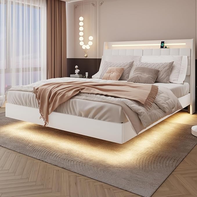 Floating King Size Bed Frame with RGB LED Lights & Charging Station, Upholstered Platform Bed with Hidden Storage Headboard & Shelves, Noise Free Heavy Duty Frame for Bedroom, Beige