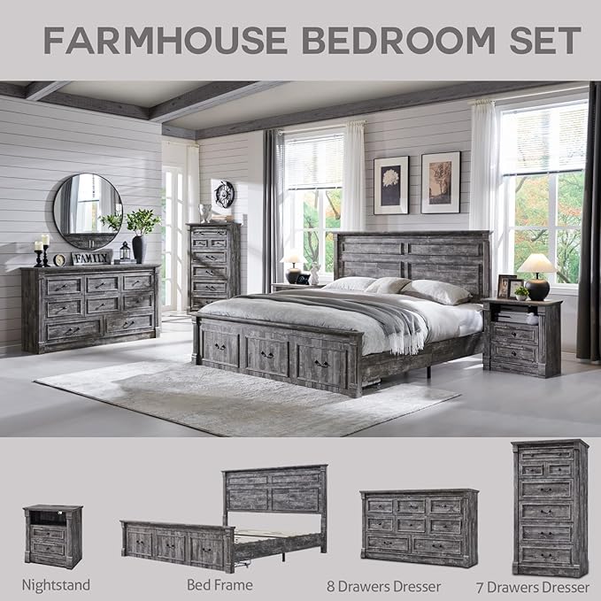 Farmhouse King Size Bed Frame with 51" Tall Headboard, Wood Platform Bed Frame with 20" Tall Roman Column Decoration Footboard & 3 Large Storage Drawers, No Box Spring Needed (Light Grey)