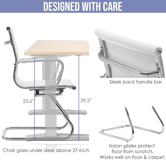 Wahson Office Guest Chairs Set of 6, Leather Reception Chairs, Mid Back Waiting Room Chair, Conference Chairs with Sled Base, Desk Chair No Wheels for Meeting/Lobby/Restroom, White