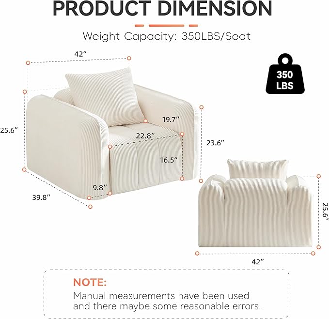 Oversized Boneless Corduroy Accent Chair, Comfy Deep Seat Armchair for Bedroom, Modern Upholstered Living Room Sofa Chair with Pillow, No Assembly, White