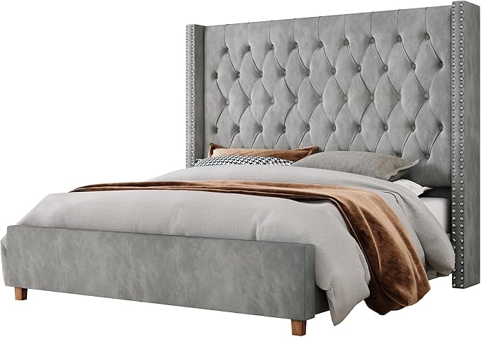 Jocisland Queen Size Bed Frame with 61.4" Tall Headboard, Velvet Upholstered Wingback Platform Design, Handcrafted Pleats& Deep Button Tufted, Solid Wood Legs, No Box Spring Needed, Gray