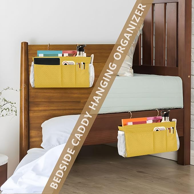 Bedside Caddy Hanging Bunk Bed Caddy Bed Organizer Hanging Pocket with 2 Hooks Bedside Storage Organizer Pocket Bag Holder Yellow