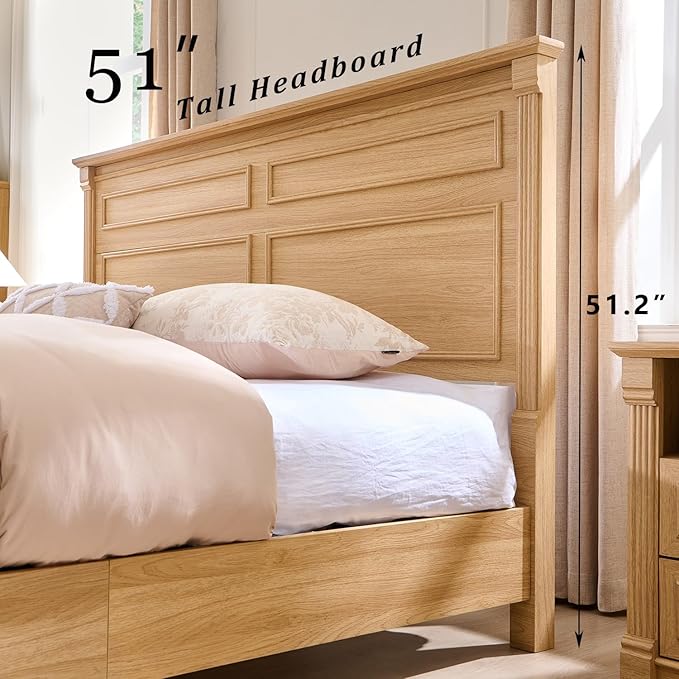 Farmhouse King Size Bed Frame with 51" Tall Headboard, Wood Platform Bed Frame with 20" Tall Roman Column Decoration Footboard & 3 Large Storage Drawers, No Box Spring Needed (Natrual)