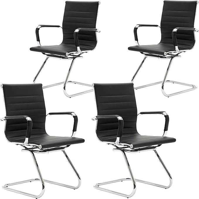 Wahson Office Guest Chairs, 4 Pack Reception Chairs for Waiting Room/Conference Room, with Faux Leather and Sled Base, Set of 4, Black
