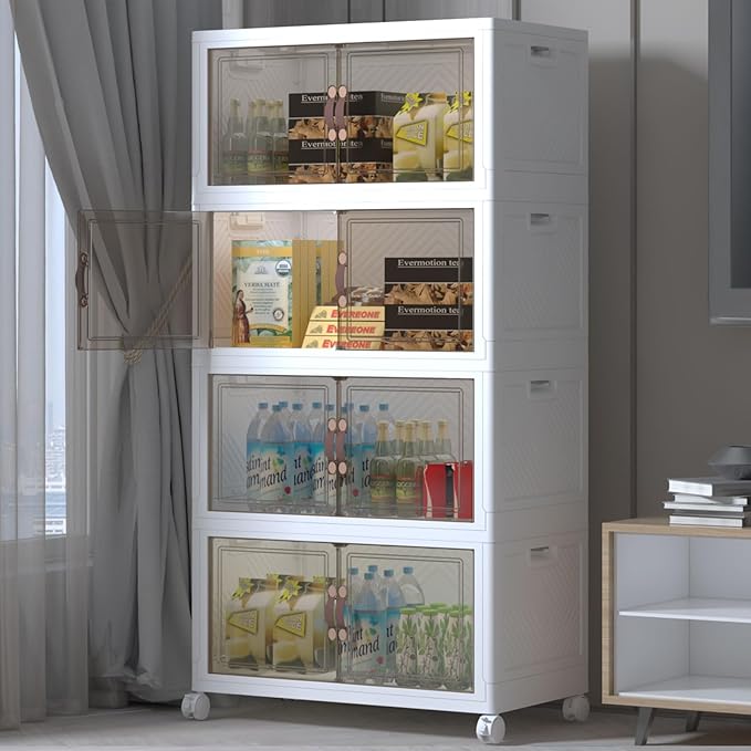 Extra Large Stackable Storage Bins with Lids&Wheels,500QT-125QT/32GAL*4Pack Collapsible Container Closet Organizers,Plastic Stackable Storage drawers for bedroom Dorm