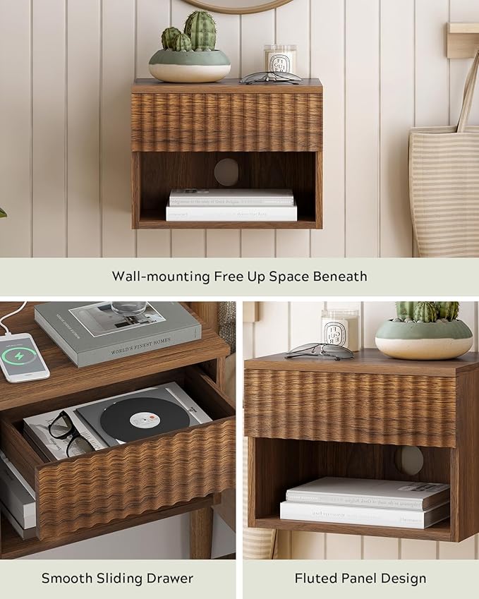 Floating Nightstand Set of 2 with Drawer, Fluted Modern Night Stand with Fluted Door and Open Storage Shelf Wall Mounted Bedside Table for Bedroom, Entryway Brown