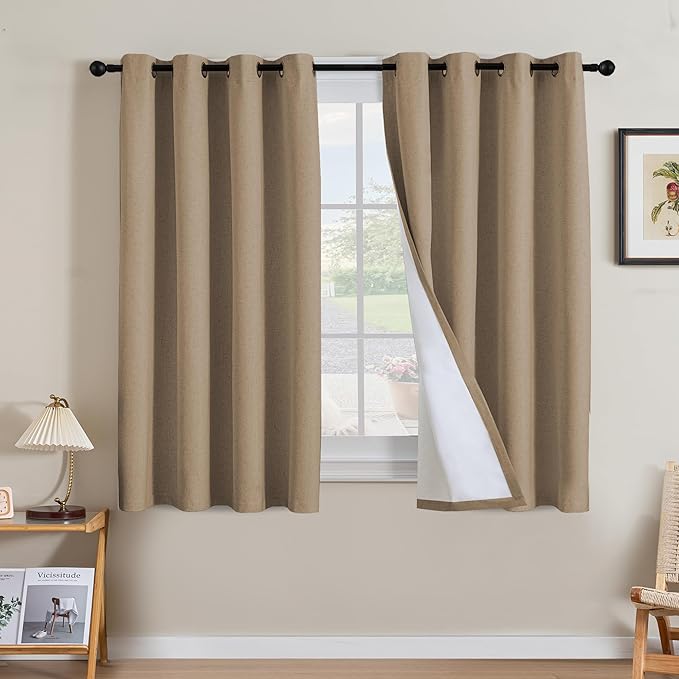 H.VERSAILTEX Linen Curtains 100% Blackout Curtains for Bedroom 54 inch Long Full Light Blocking Nature Linen Blended Window Curtains for Living Room Nickel Grommet (2 Panels, Heathered Macchiato)