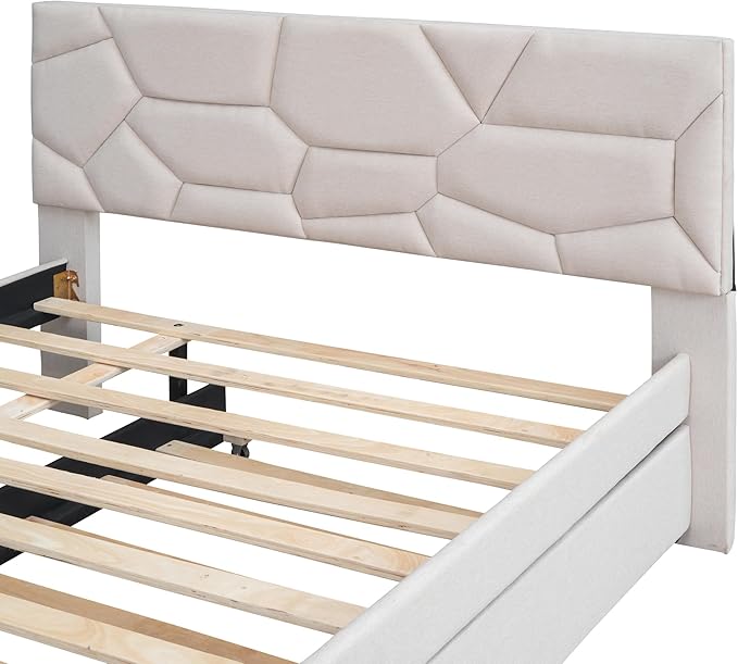 Full Size Upholstered Platform Bed with Twin Size Trundle, Headboard w/Brick Pattern, Wood Slat Support Included, for Boys Girls Kids Teens Adult,Beige