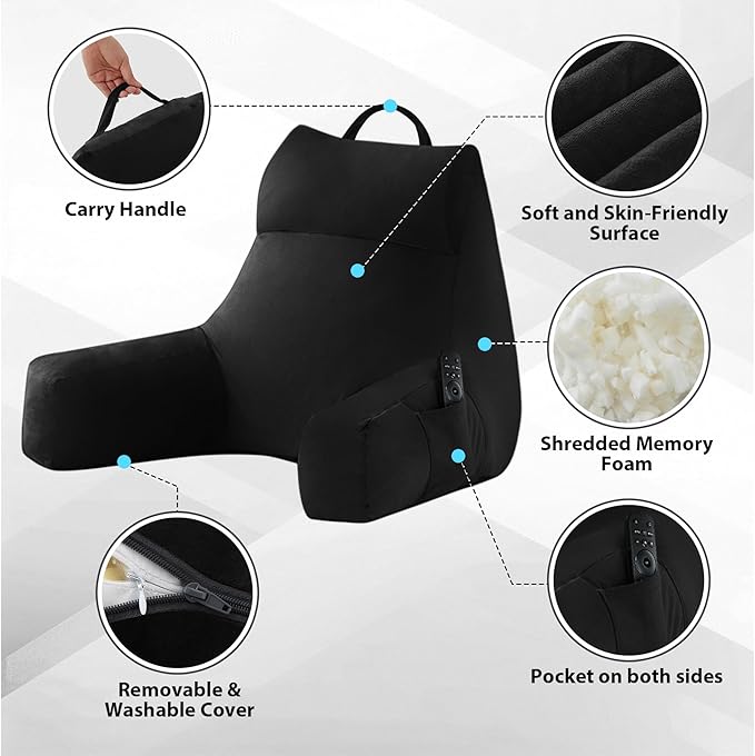 IPYNBAP Back Pillow for Bed Sitting up, Reading Pillow for Sitting in Bed Adult, Back Support Pillow, Memory Foam Sit up Lounge Backrest Pillow with Arms for TV, Couch, Chair, Dorm, 18 Inch, Black