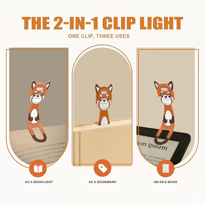 Rechargeable Book Light for Kids at Night – Portable Clip-On LED Light with Dimmable Brightness Ideal for Kids & Adults, Bedtime & Travel–Eye-Caring, Flexible, Gift for Book Lovers,Brown