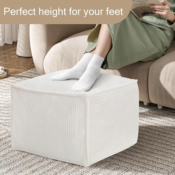 MeMoreCool Square Stuffed Pouf Ottoman Foot Rest, Corduroy Floor Pouf Foot Stool with Foam Chunk Filling, Soft Stuffed Ottoman Footrest for Living Room, Beige