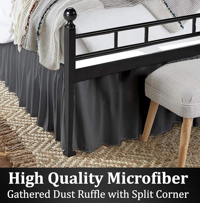 Ruffled Bed Skirt with Split Corners, Dark Grey, Full 12 Inch Drop Bedskirt, Hotel Quality Brushed Microfiber Wrinkle Free Dust Ruffle Bed Skirt Full Size