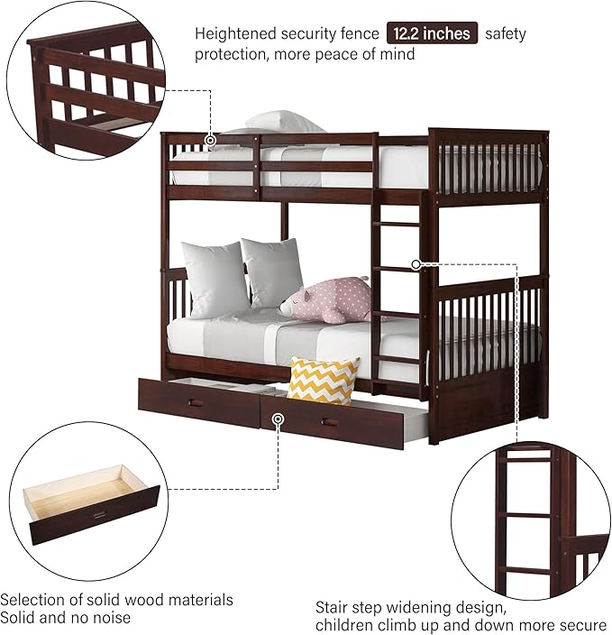 Merax Wood Bunk Bed with Drawers,Convertible Wood Bunk Bed with Ladders and Two Storage Drawers,Solid Wood Detachable Bed Frame with Ladders,Twin Over Twin Size,Espresso
