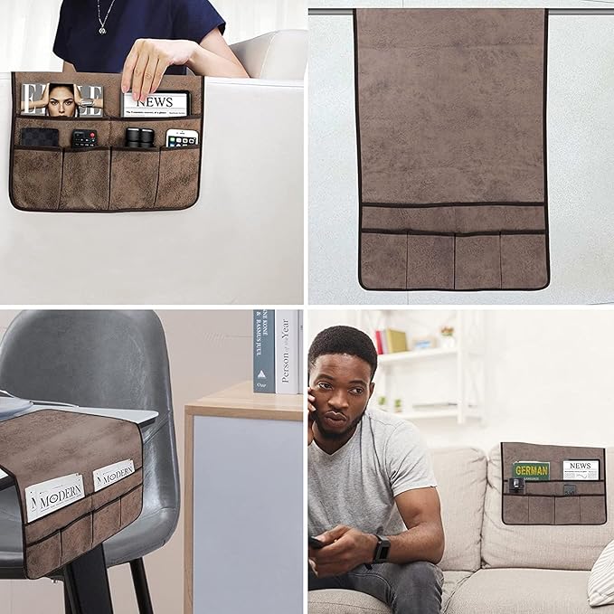 HAOMAIJIA Anti Slip Sofa Armrest Organizer Arm Chair Bedside Caddy Storage Organizer For Recliner Couch With 6 Pockets For Cell Phone Tv Remote Control Magazines (brown)