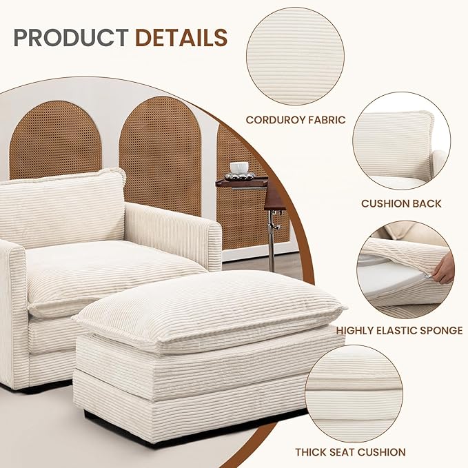 ROWHY Single Armchair with Ottoman, Modern Corduroy Cloud Couch with Convertible Chaise, Upholstered Sofa Set for Living Room, Beige