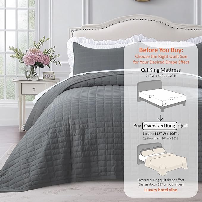 Oversized King Quilt Set 112"x106" – Soft Washed 3-Layer Lightweight California King Bedspread, Minimalist Nordic Design, All-Season Spring & Summer Quilt Set (1 Quilt + 2 Pillow Shams), Dark Grey