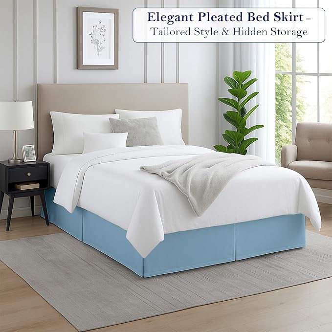 King Bed Skirt, Luxury 12 Inch Drop Light Blue Pleated Bed Skirt, Double Brushed Microfiber, Box Pleat Design, Wrinkle & Fade Resistant, Easy Fit Tailored Bedskirt for King Size Beds