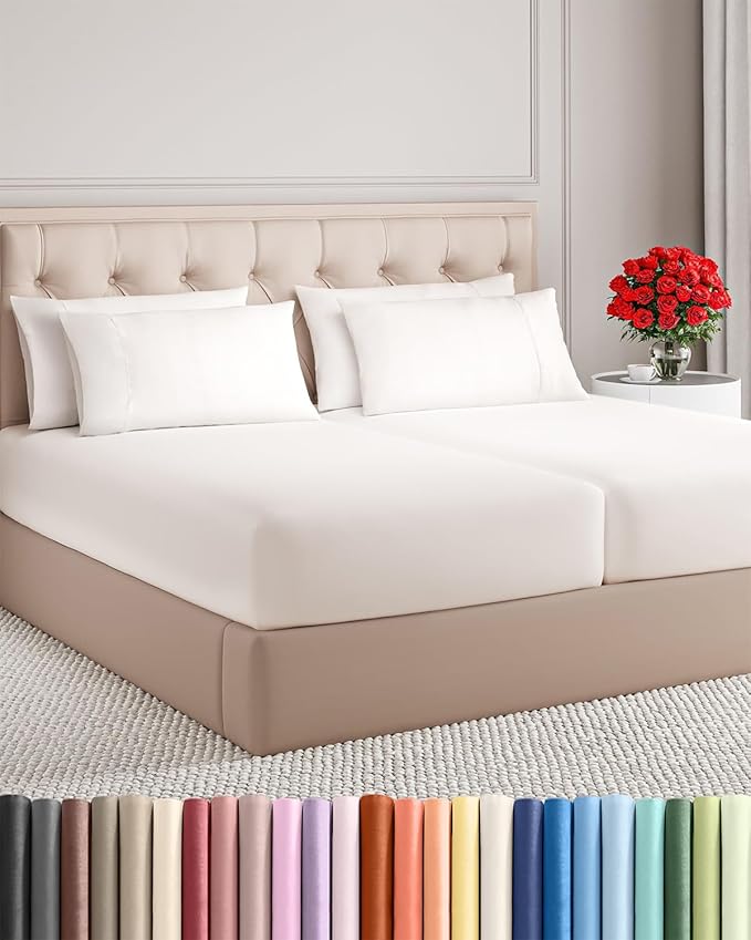 Split King 7 Piece Sheet Set - Cooling & Breathable - Hotel Luxury Bedding Includes Fitted Sheets for Women, Men, Kids & Teens - 1 Flat, 2 Fitted Sheets, 4 Pillowcases w/Deep Pockets - Antique White