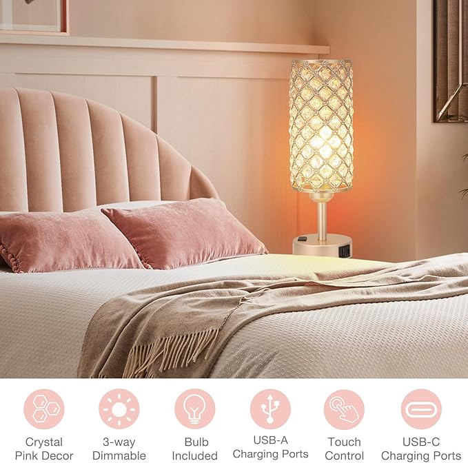 Touch Table Lamps for Bedrooms Set of 2-3 Way Dimmable Champagne Gold Crystal Lamps with Crystal Shade, Bedside Nightstand Lamp for Living Room Bedroom Home Office