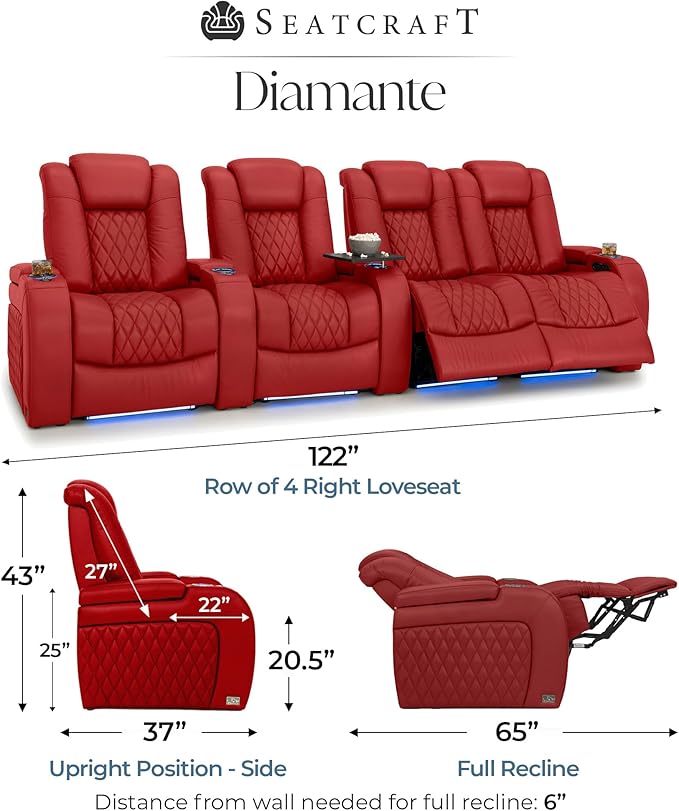 Seatcraft Diamante Zero-Gravity CoolZero Italian Leather Home Theater Seating, Power Headrest, Power Recline, Row of 4 Right Loveseat, Red