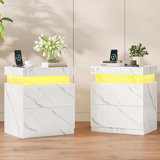 ADORNEVE Nightstand with Charging Station and LED Lights,Night Stand with Sliding Top,Bedside Table with 2 Drawers,Modern End Side Table for Bedroom,White Marble
