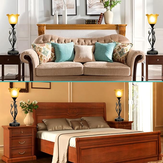 20" Table Lamps for Living Room – Set of 2 Touch Bedside Lamps with USB C Ports, Leafy Vines Amber Flower Shade, Torchiere Design for Bedroom Nightstand, LED Bulbs, Easy Assembly