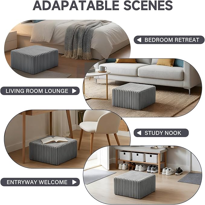 Tiita Suqre Stuffed Pouf Ottoman, Stripe Poufs 21×21×10 inch with Foam Chunk Filling, Floor Bean Bag Floor Chair Storage for Living Room Bedroom Home Decor, Grey
