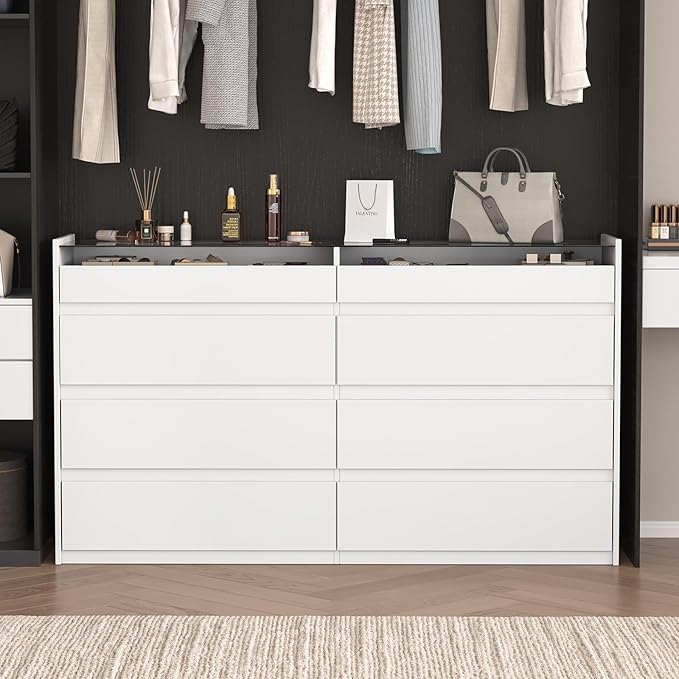 White 8 Drawer Dresser for Bedroom, Modern Chest of Drawers, Jewelry Dresser Display with Glass Top and LED Light, Dressers Organizer for Bedroom, Closet, Living Room