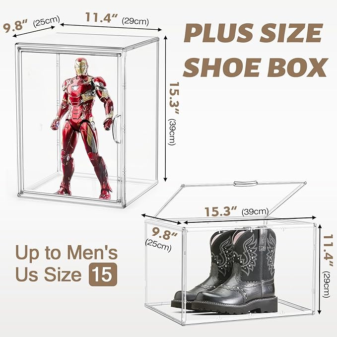 2 Pcs Shoe Display Case, XX-Large Tall Boot Storage Box Transparent Handbag Organizer for Closet Acrylic Shoe Box Clear Plastic Stackable Sneaker Collectibles Case with Detachable Divider