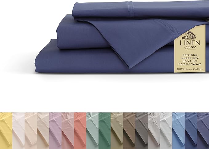 Linen Home 100% Cotton Percale Sheets Queen Size, Dark Blue, Deep Pocket, 4 Pieces Set - 1 Flat, 1 Deep Pocket Fitted Sheet and 2 Pillowcases, Crisp Cool and Strong Bed Linen