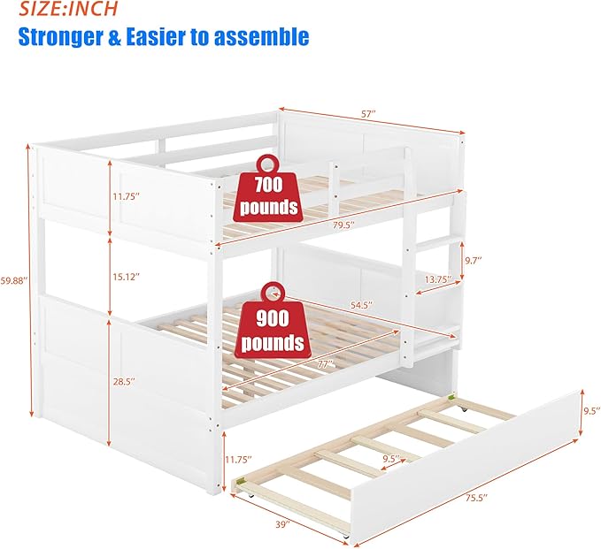 TSAMPA Latest Upgraded & Stronger Heavy Duty Solid Wood Full Over Full Bunk Bed with Trundle, Thickened Safer Convertible Bunk Bed Frame Full Over Full Size Bunk Bed (Easier to Assemble) (White)