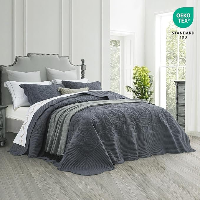 CHIXIN Oversized Bedspread Coverlet Set King Size - Lightweight Bedding Cover - Beautiful Stitching - 4 Piece Reversible Bedspread - Gorgeous Damask Paisley Pattern (King, Dark Grey)